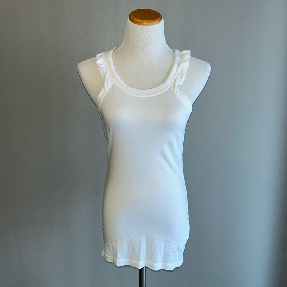 Stephanie B White M 100% Pima Cotton Ruffle Racerback Tank Top